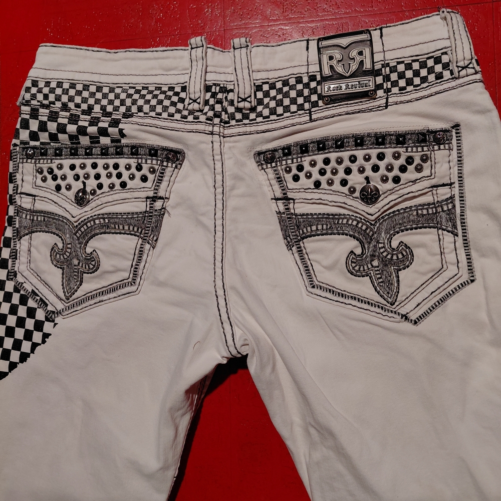 MENS UPCYCLED ROCK REVIVAL WHITE DENIM JEANS CHECKERBOARD PATTERN 40"W X 32"L